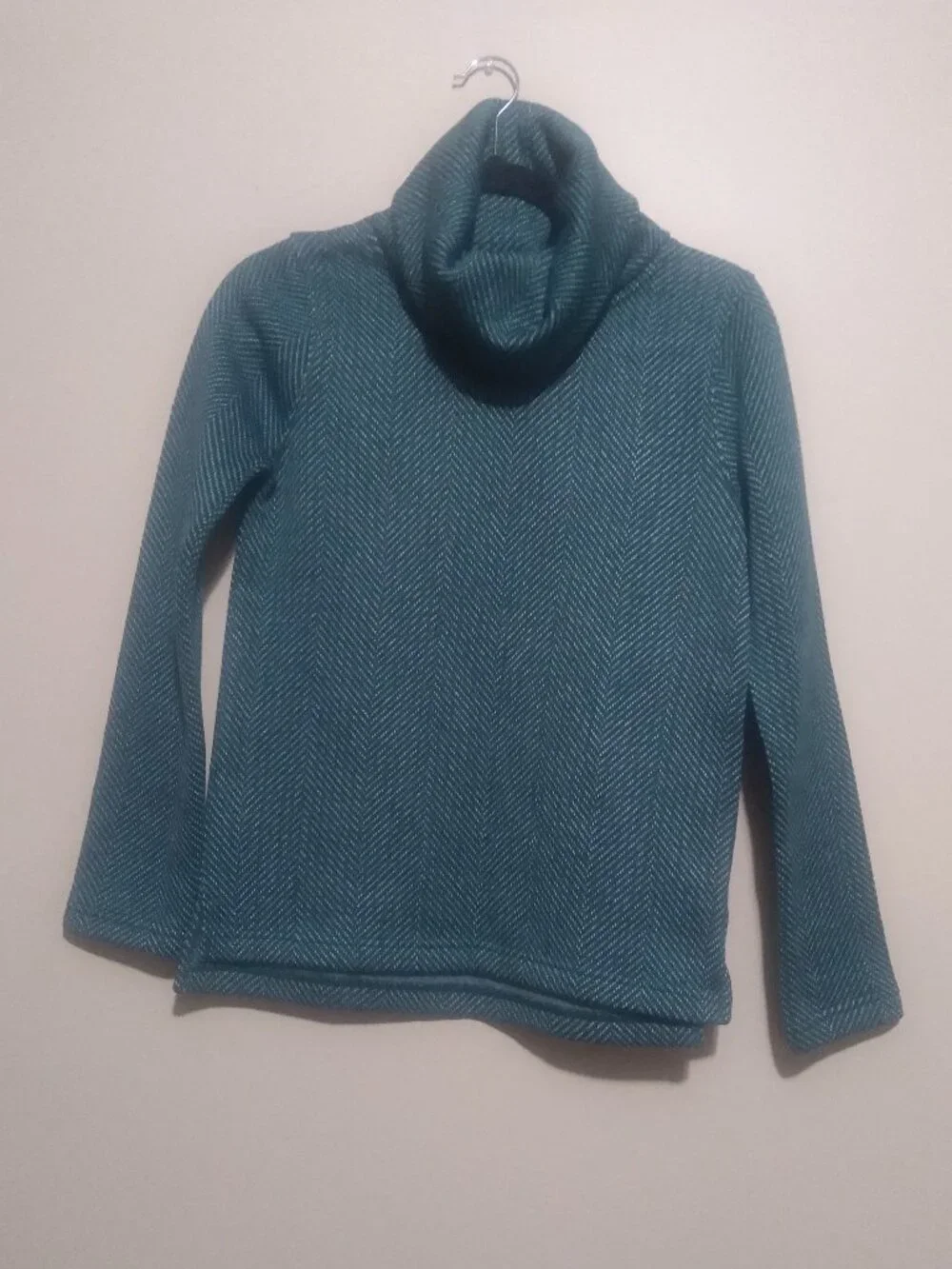 J.Crew Teal & White Herringbone Cowl Neck Pullover Sweater XS Cozy Classic
